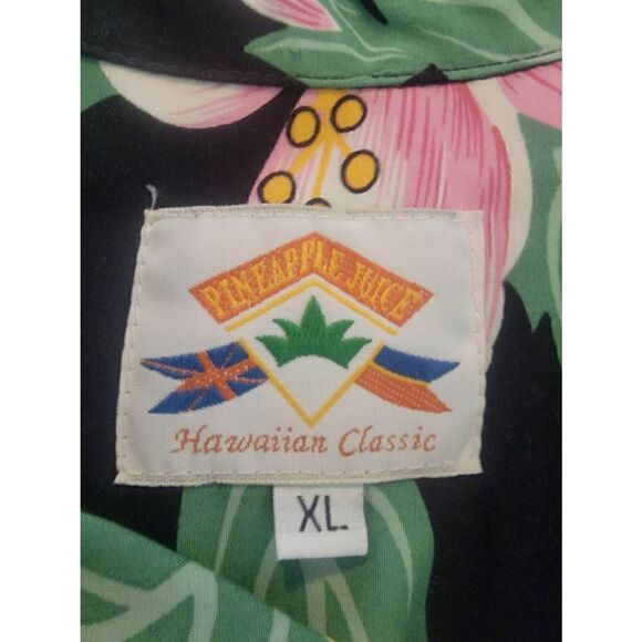 Pineapple Juice Men's Hibiscus Print Button-Up Hawaiian Classic Shirt Black XL - Picture 3 of 5